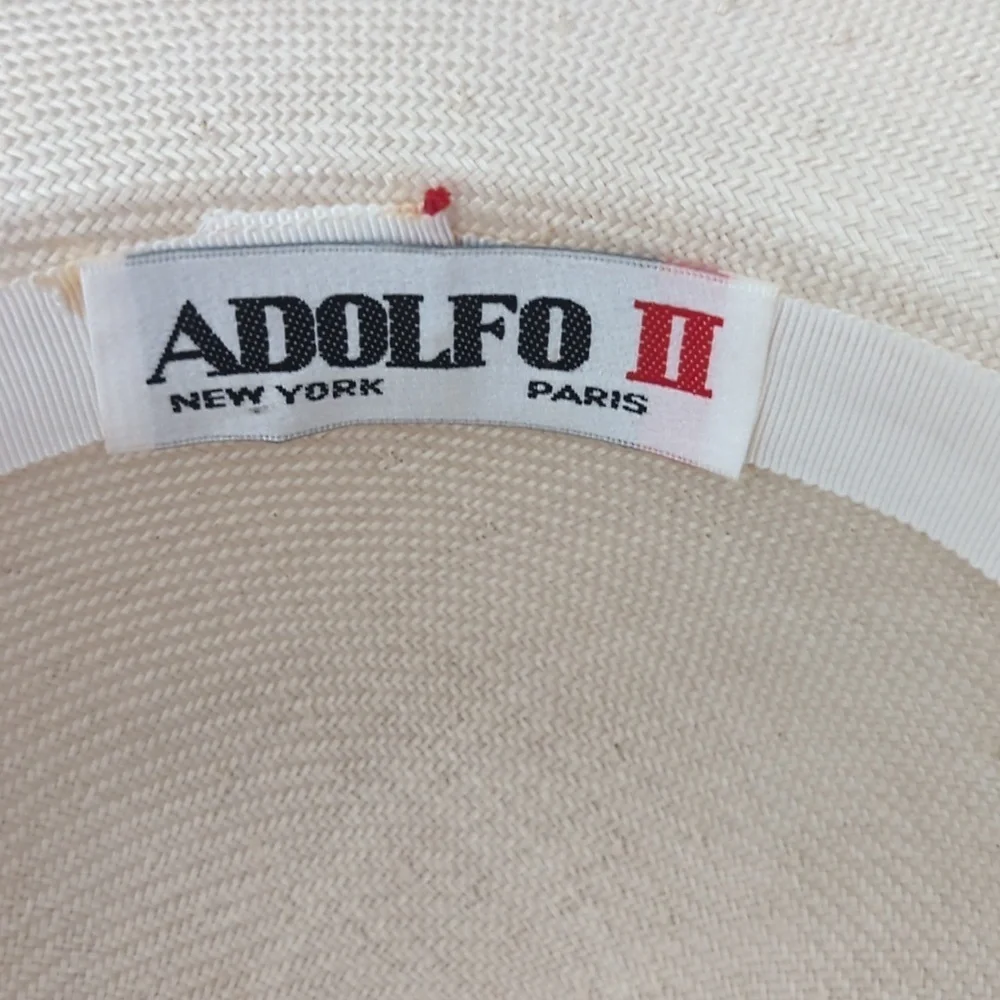 Vtg Adolfo II Old Money Cream Sculptural Wide Brim Accents Straw Hat - Picture 2 of 8